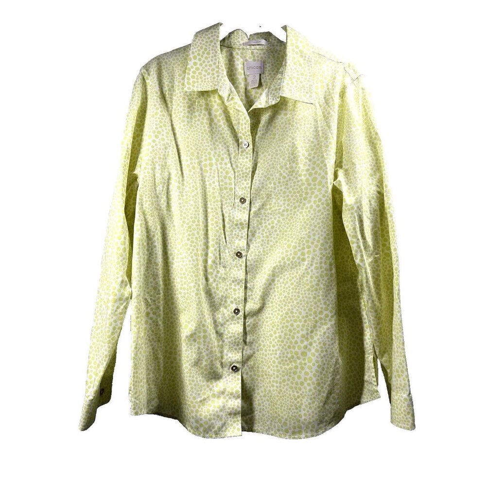Chico's Top Blouse Size Large Lime Green‎ White Dots Light Airy 100% Cotton L/S